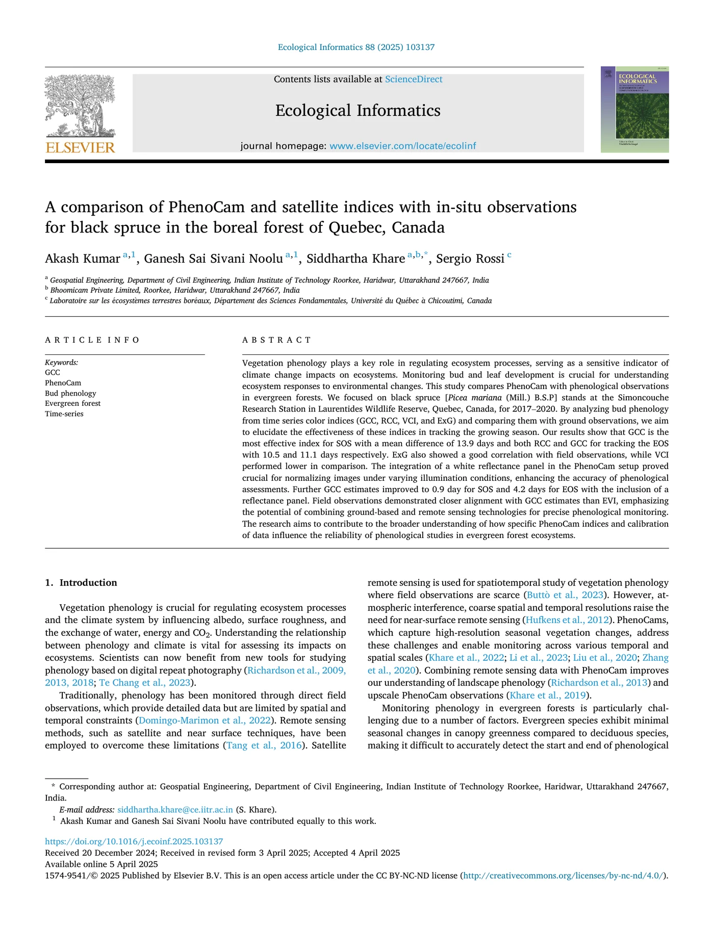 First page preview of the black spruce PhenoCam and satellite phenology paper