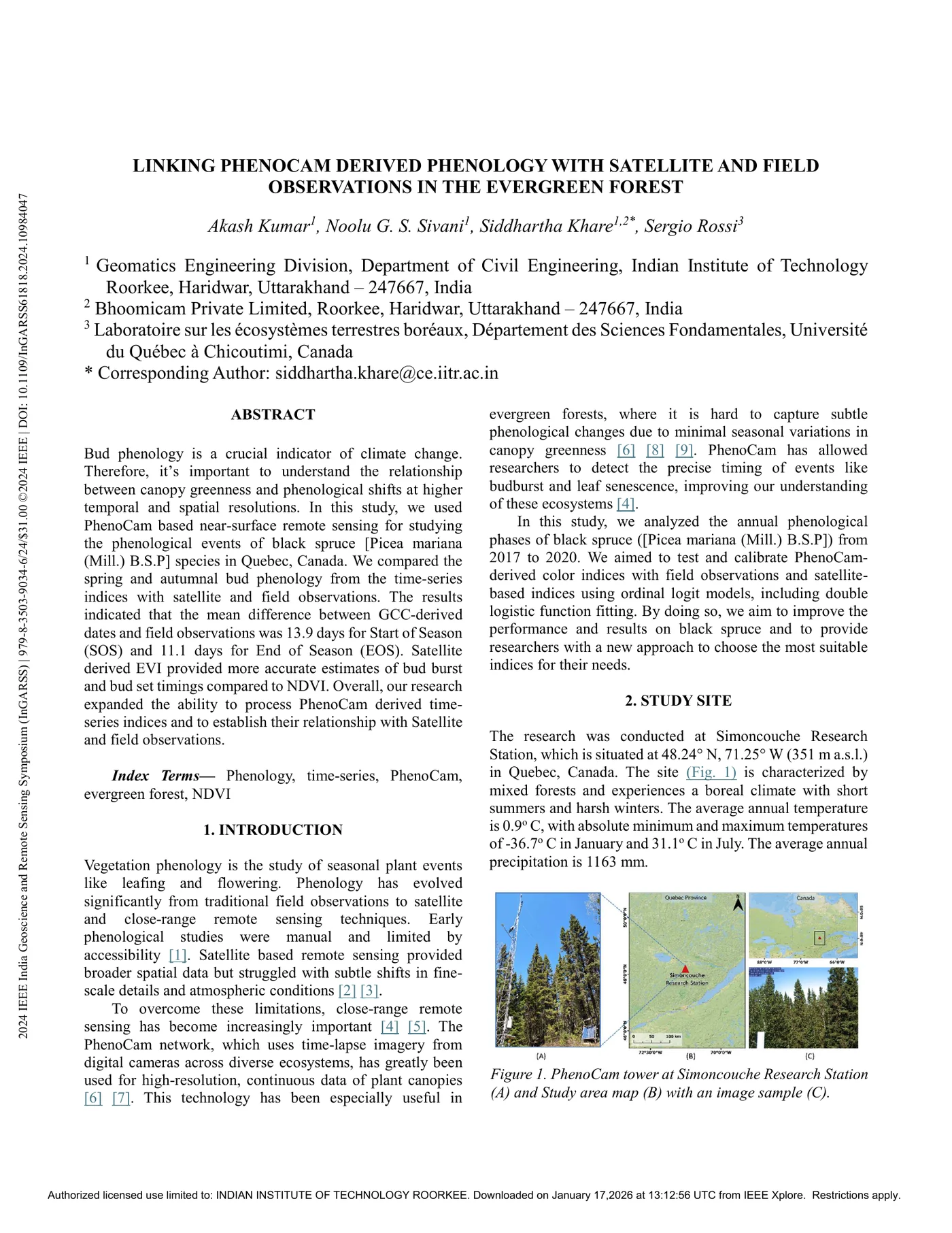 First page preview of the InGARSS evergreen forest PhenoCam paper